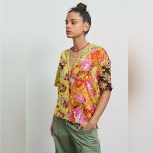 Urban Outfitters Gardenia Souvenir Floral & Fruit Button Down Top L Modal